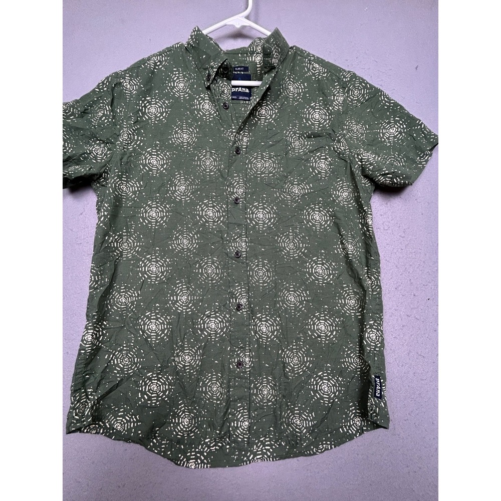 Prana Button Down Organic Cotton Recycled Polyester Green Geometric Medium Mens